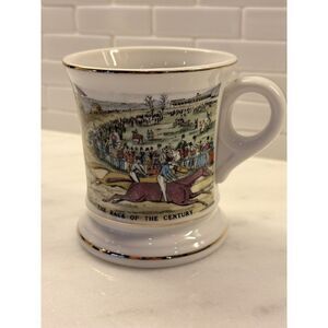 Vtg Porcelain Mustache Coffee Mug Cup Currier Ives Tea "The Race of the Century"